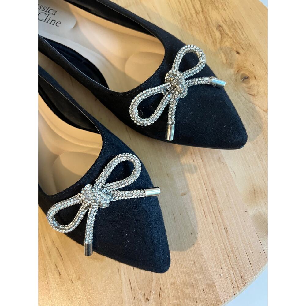 Black Velvety Suede Pointed Toe Crystal Bow Detail Ballet Flat Shoe Size 8